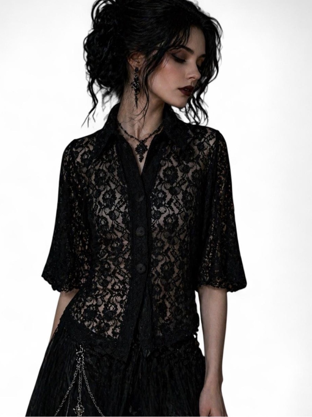 Vintage Cattani of California Sheer Black Lace Button-Front Blouse
